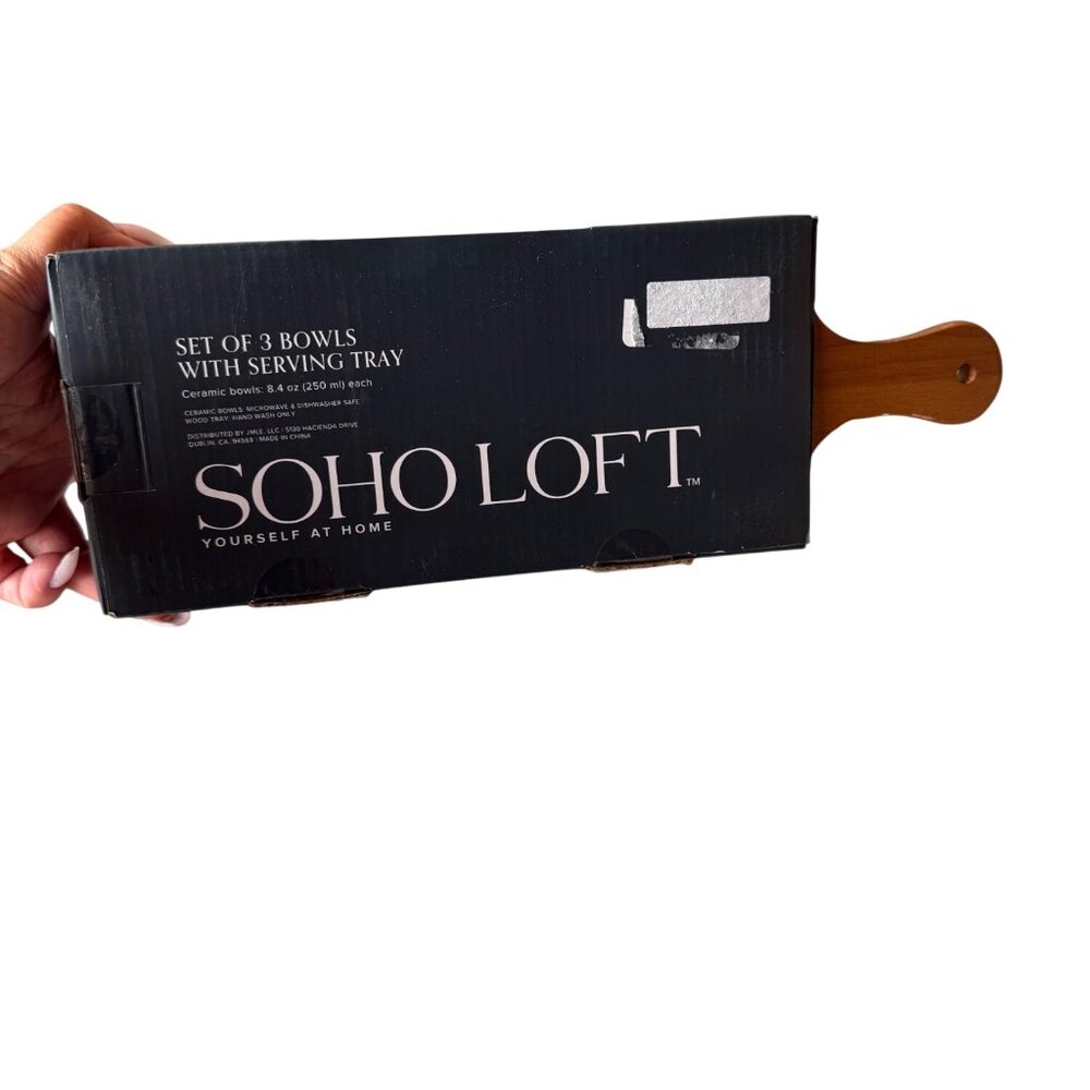 Soho Loft Set Of 3 Ceramic Bowls With Wooden Serving Tray 8.4 Oz Each NIB - Picture 4 of 4